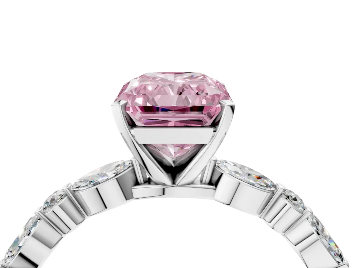 Fancy Pink Radiant Cut Diamond Ring with Marquise and Round Side Stones and Four-Prong Setting Silver