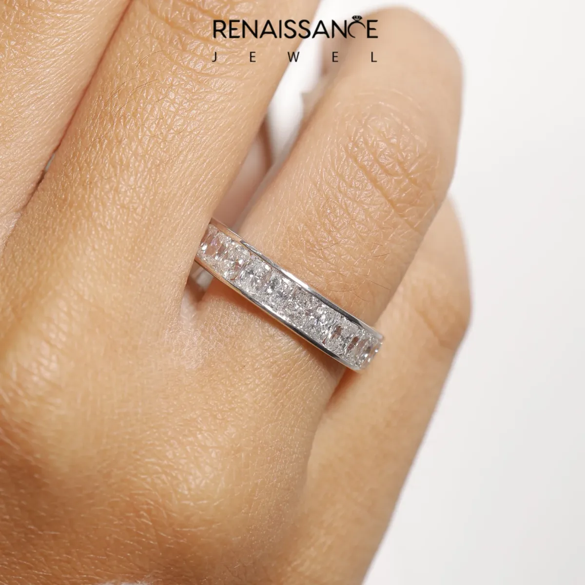radiant Cut eternity band with channel set White gold