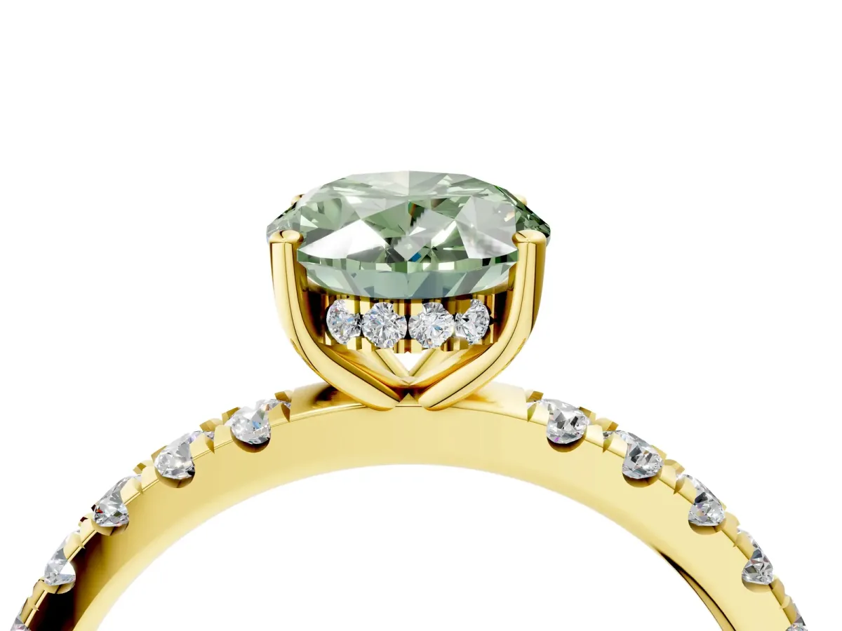 Fancy Green Oval Cut Diamond Pave Band Solitaire Ring with Round and Prong Setting Yellow gold