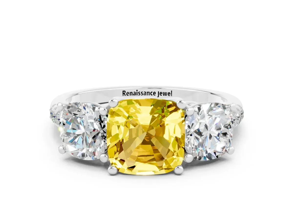 Three-Stone Cushion Cut Yellow Sapphire Ring with Round Pavé Band and Prong Setting Platinum
