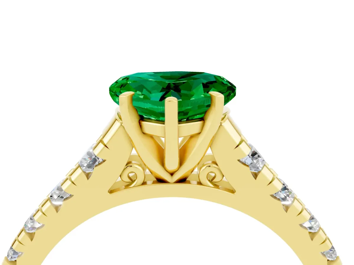 Heart Cut Emerald Cathedral Solitaire Ring with Round Pavé Band Yellow gold