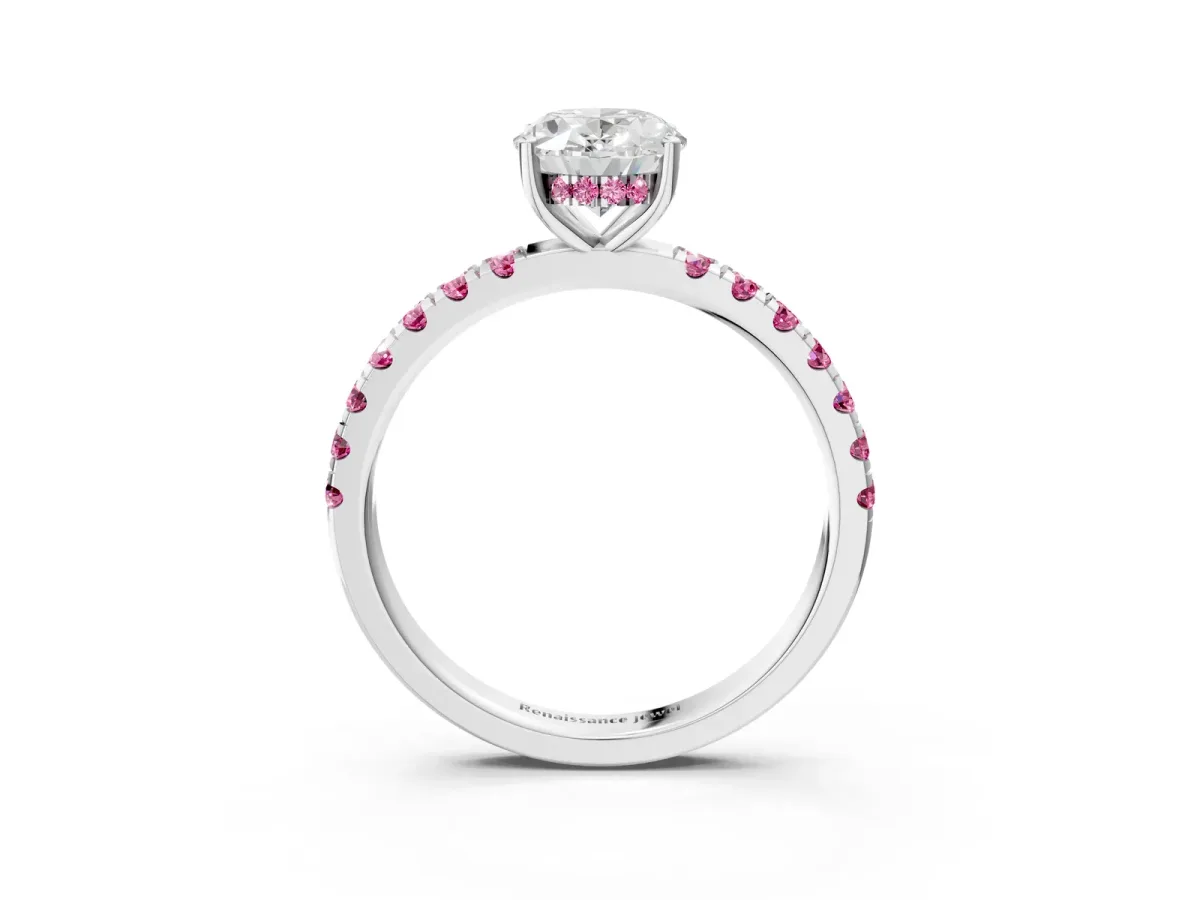 Oval Cut Diamond Pave Band Solitaire Ring with Round Pink Sapphire and Prong Setting Platinum