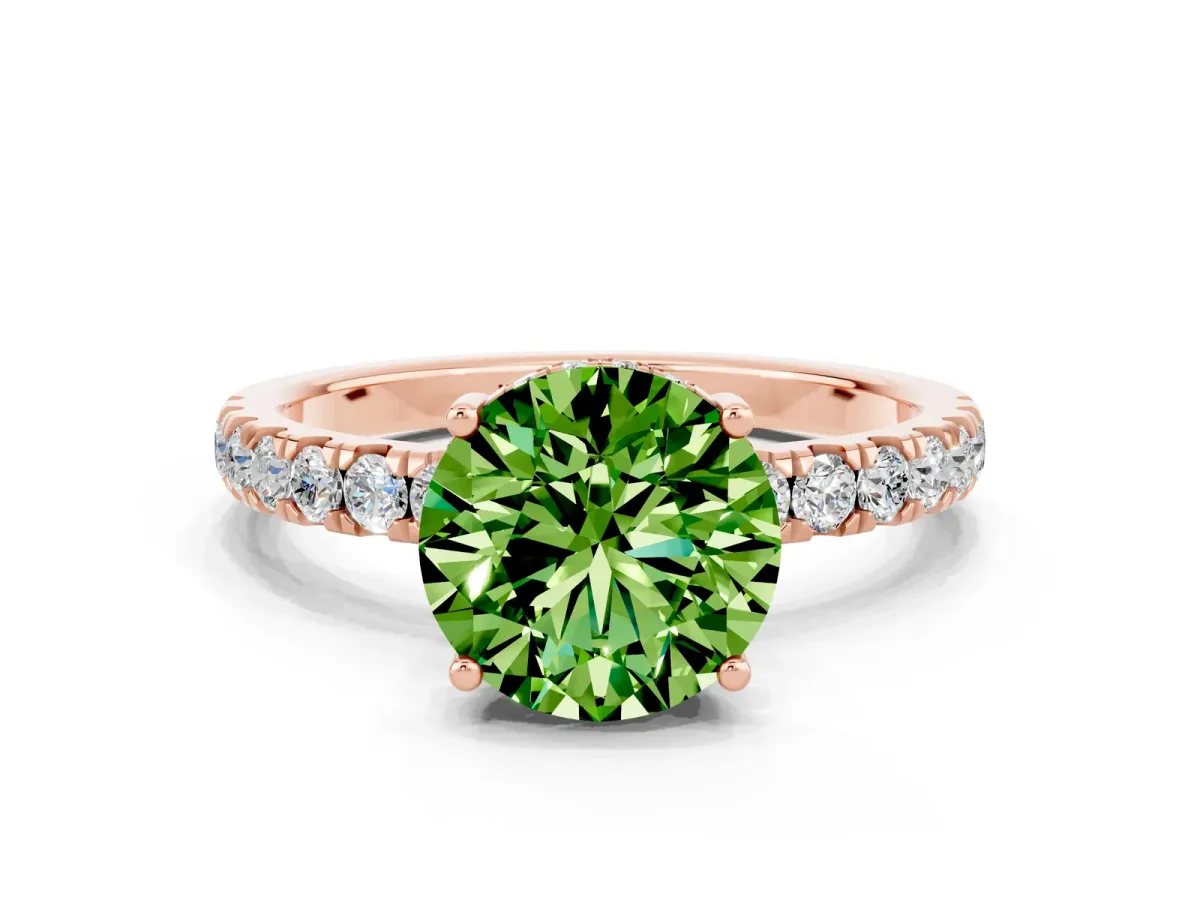 Round Cut Peridot Pave Band Solitaire Ring with Round and Prong Setting Rose gold