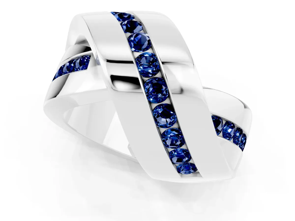 Pavé Round Blue Sapphire Crossover Band with Channel Setting White gold