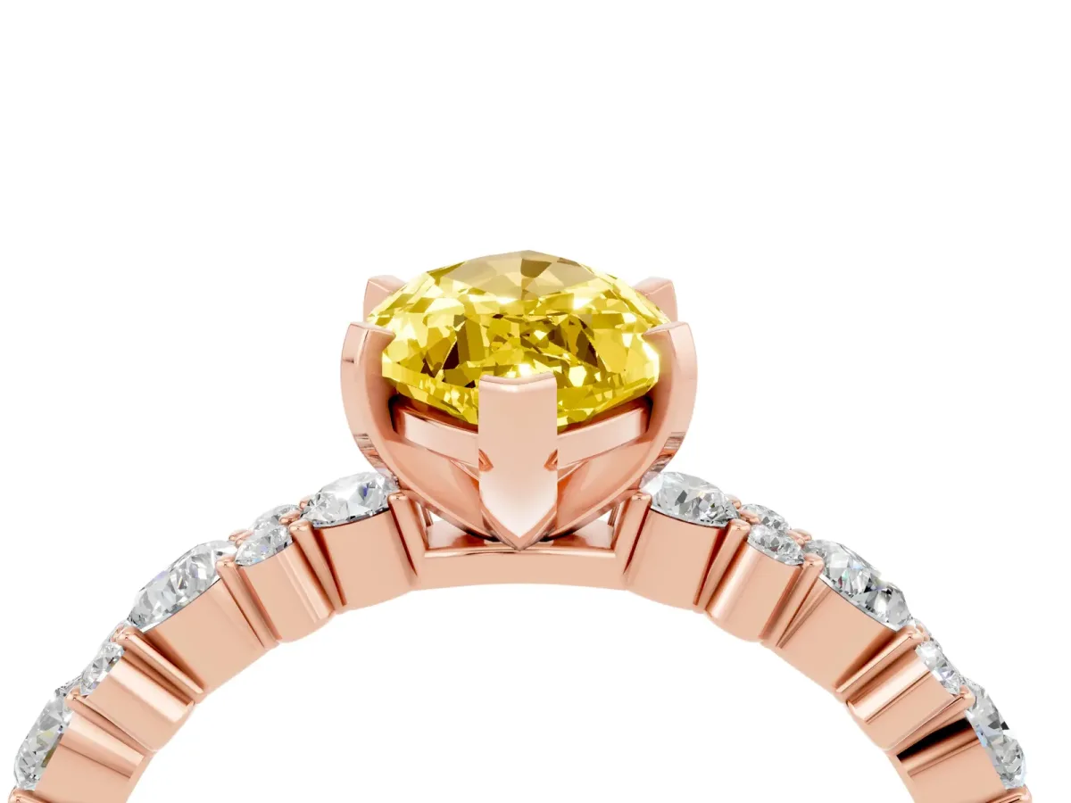 Marquise Cut Yellow Sapphire Side Stone Solitaire Ring with Round and Four-Prong Setting Rose gold