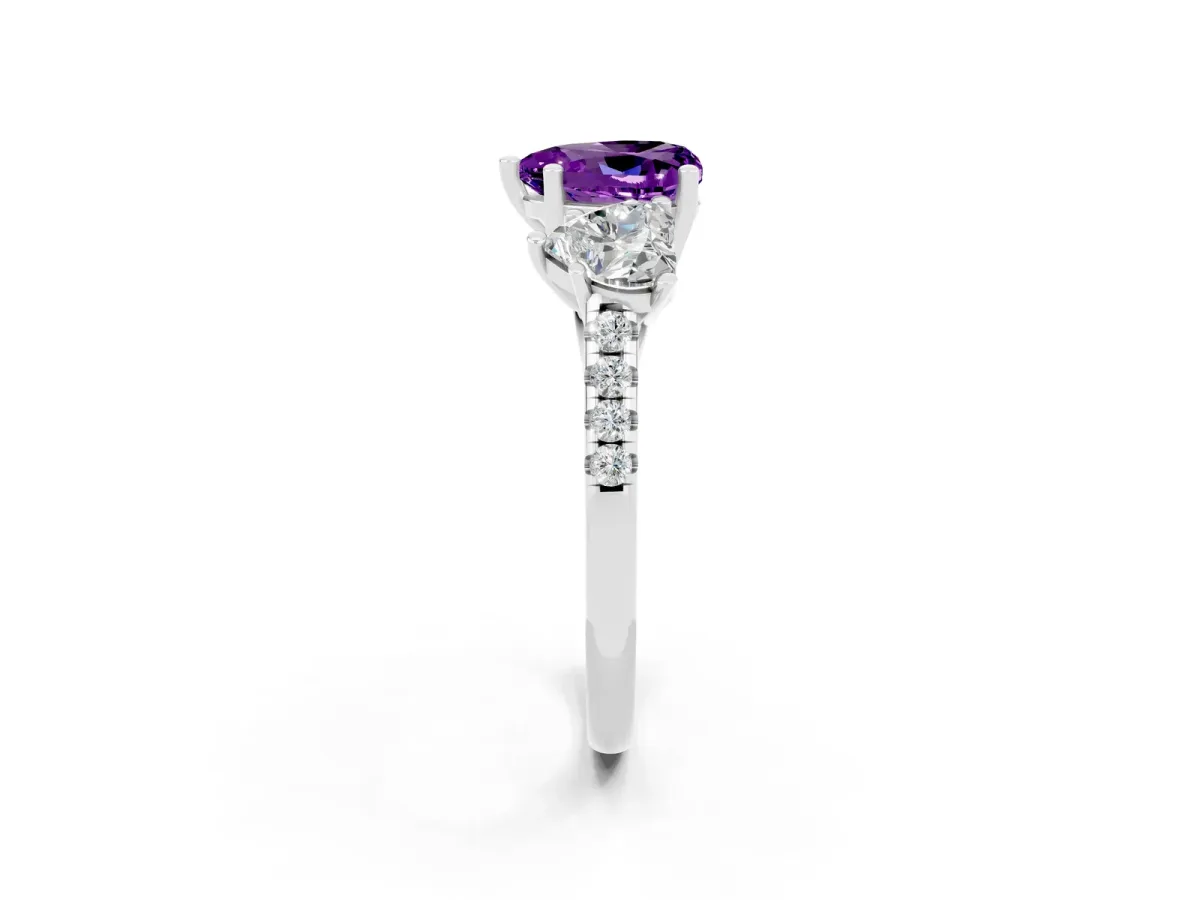 Three-Stone Heart Cut Amethyst Ring with Round Pavé Band and Prong Setting Platinum