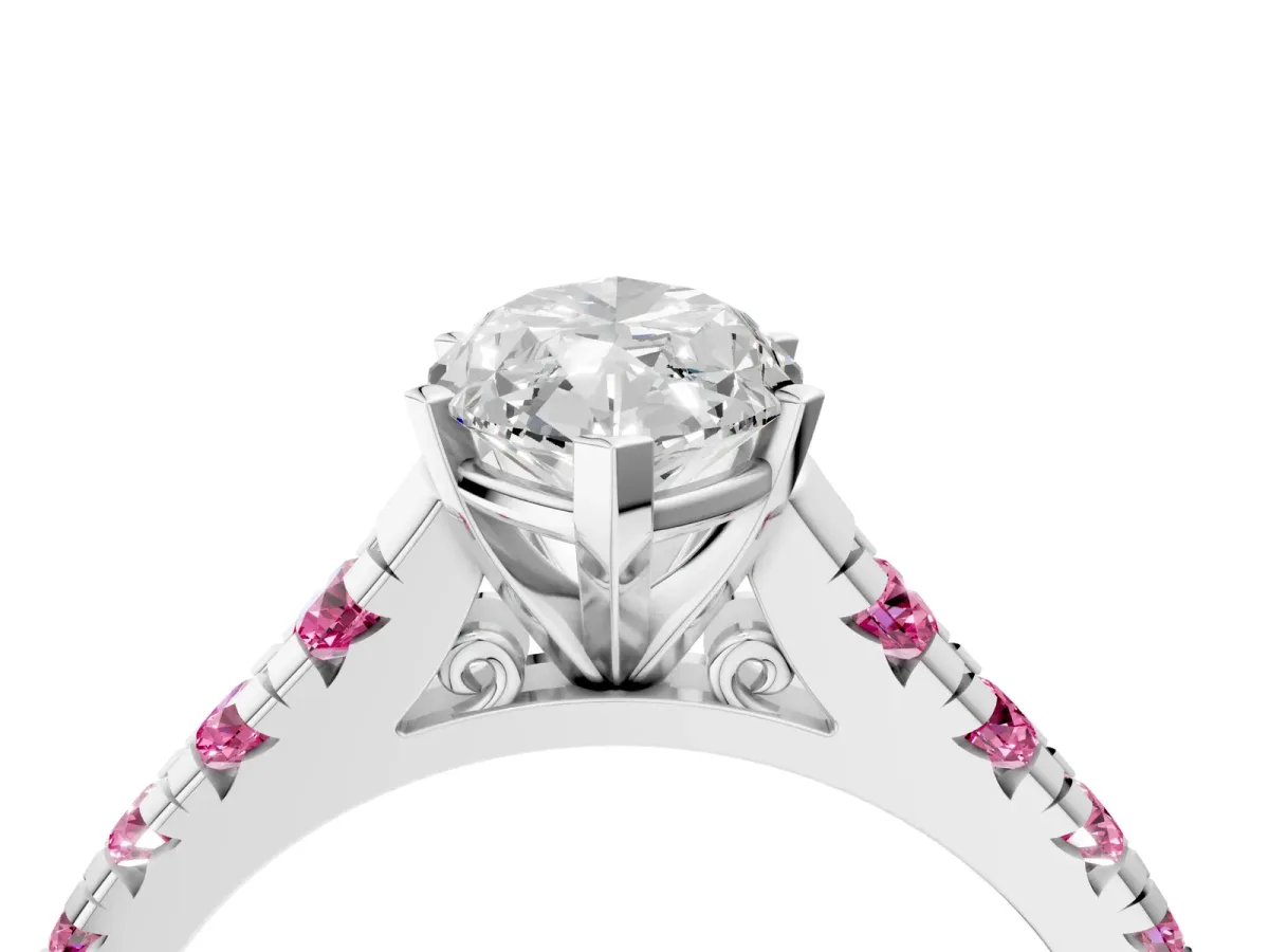 Marquise Cut Diamond Cathedral Solitaire Ring with Round Pink Sapphire Pavé Band Silver