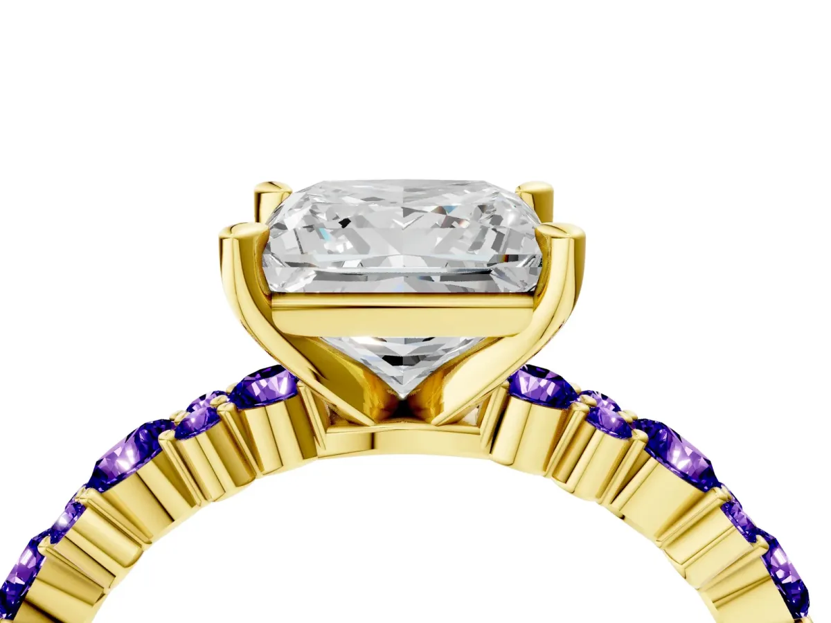 Princess Cut Diamond Side Stone Solitaire Ring with Round Tanzanite and Four-Prong Setting Yellow gold
