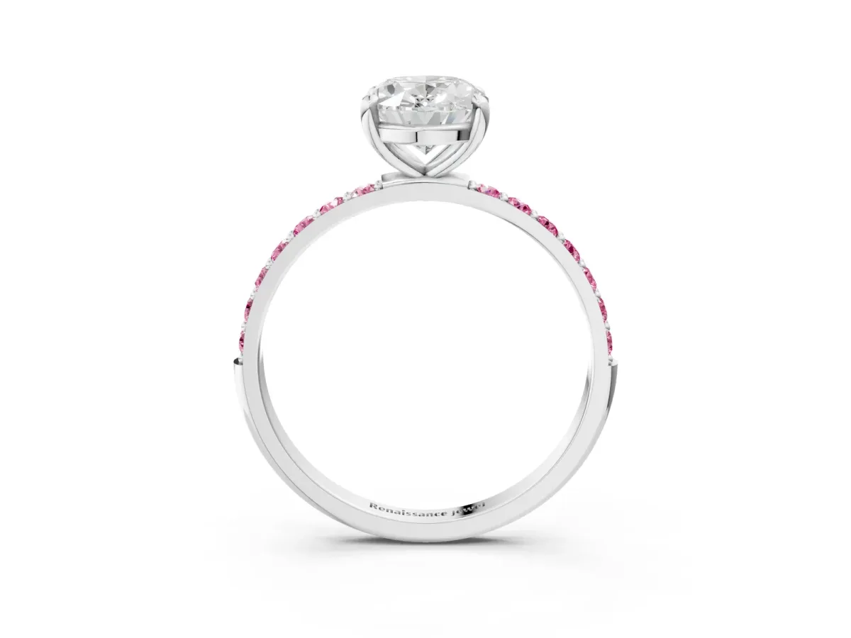 Oval Cut Diamond Solitaire Ring with Round Pink Sapphire Pavé Band and Prong Setting Platinum
