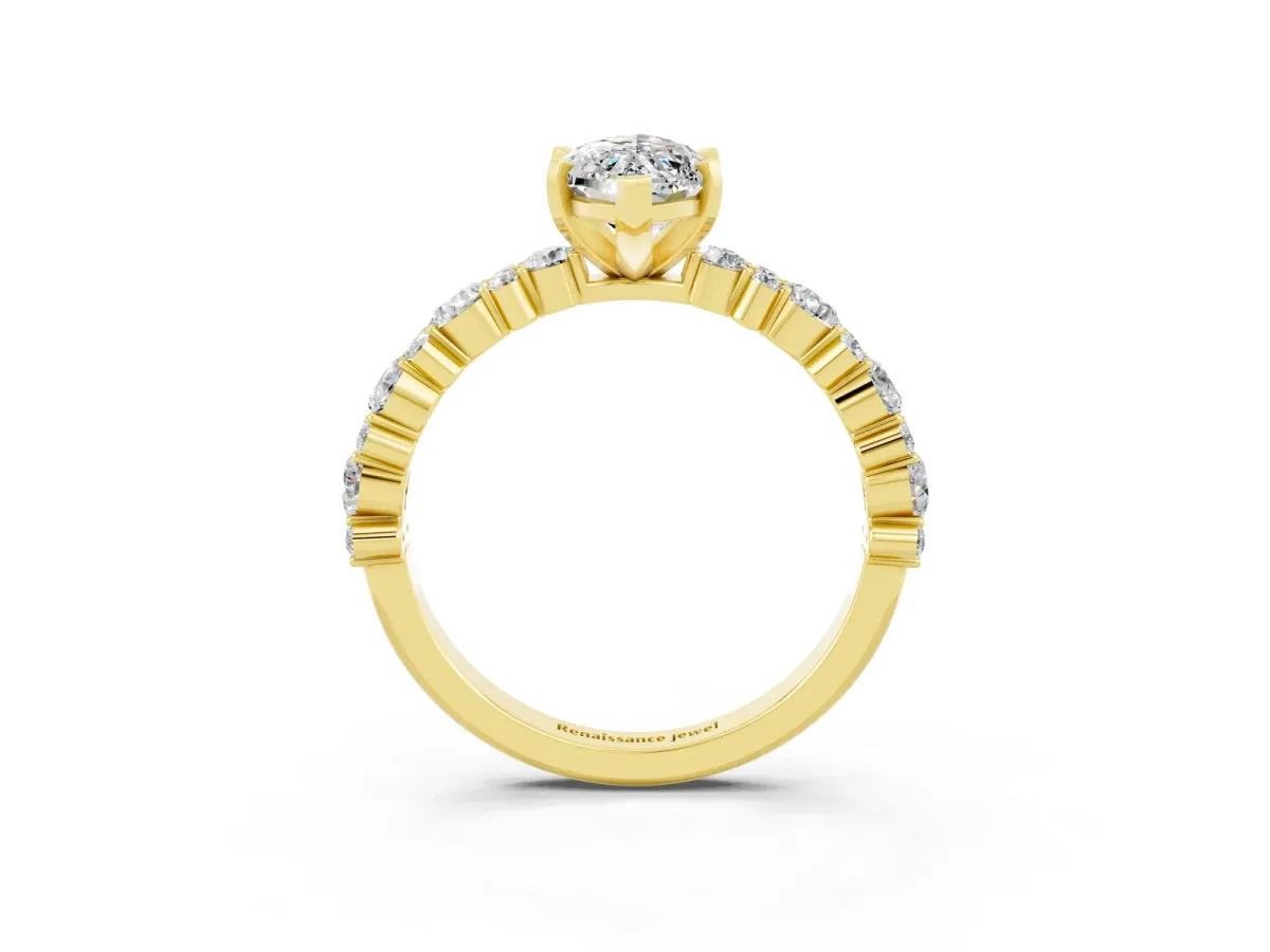 Marquise Cut Moissanite Side Stone Solitaire Ring with Round and Four-Prong Setting Yellow gold