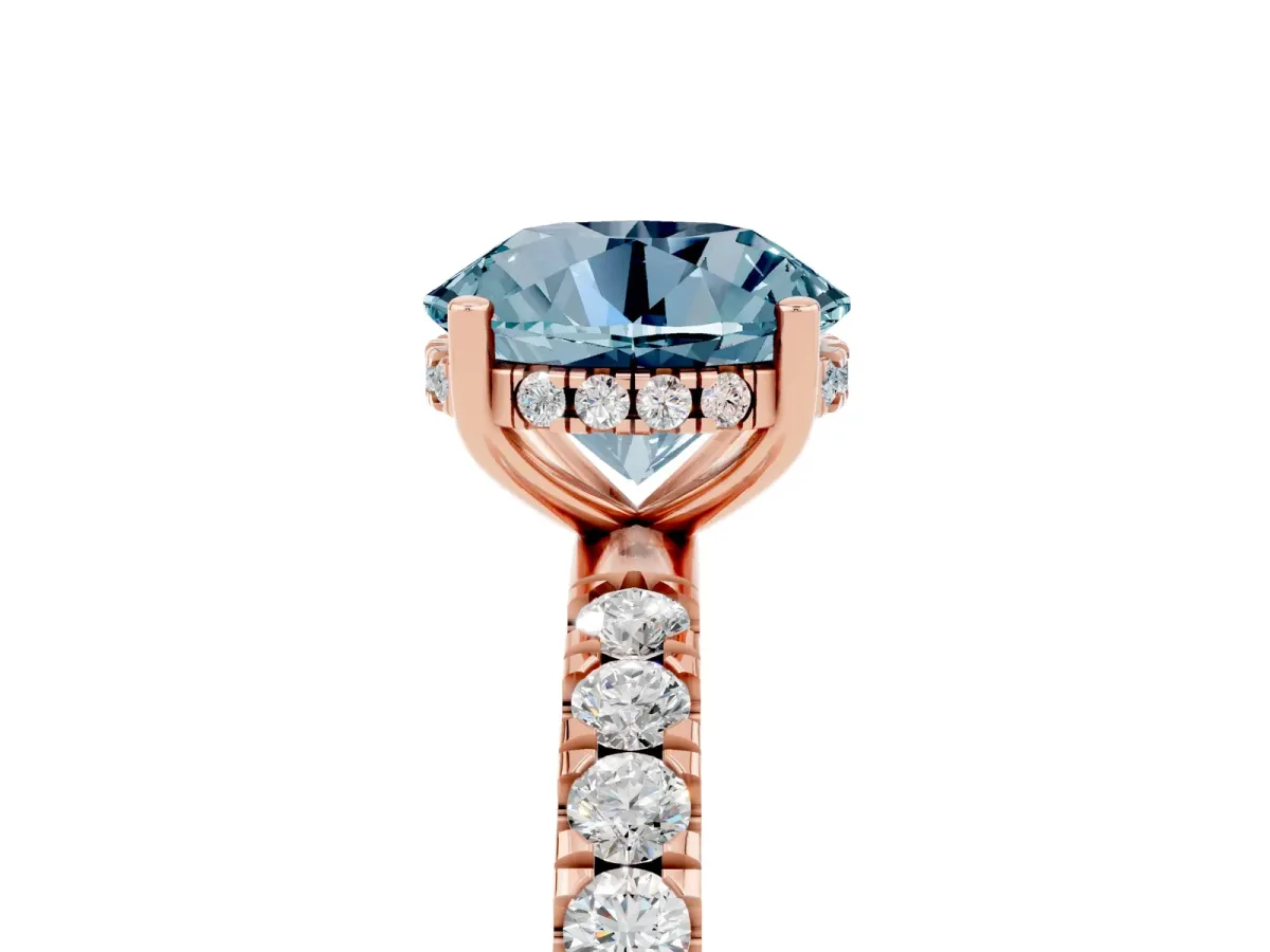 Round Cut Aquamarine Pave Band Solitaire Ring with Round and Prong Setting Rose gold