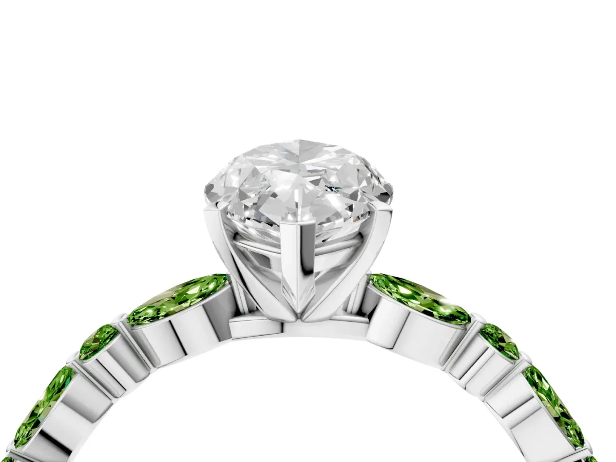 Marquise Cut Diamond Ring with Marquise and Round Peridot Side Stones and Four-Prong Setting Silver