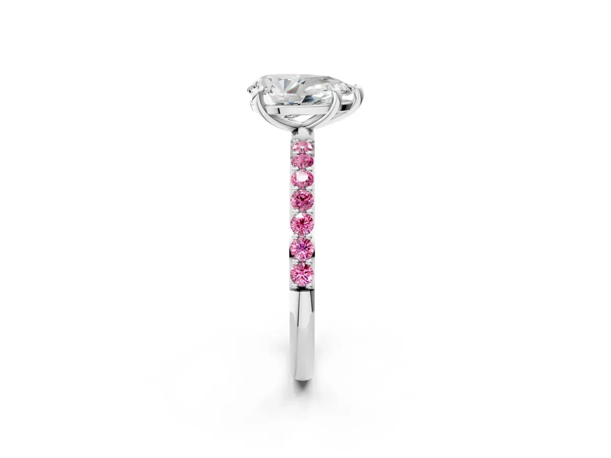 Pear Cut Diamond Solitaire Ring with Round Pink Sapphire Pavé Band and Prong Setting Platinum