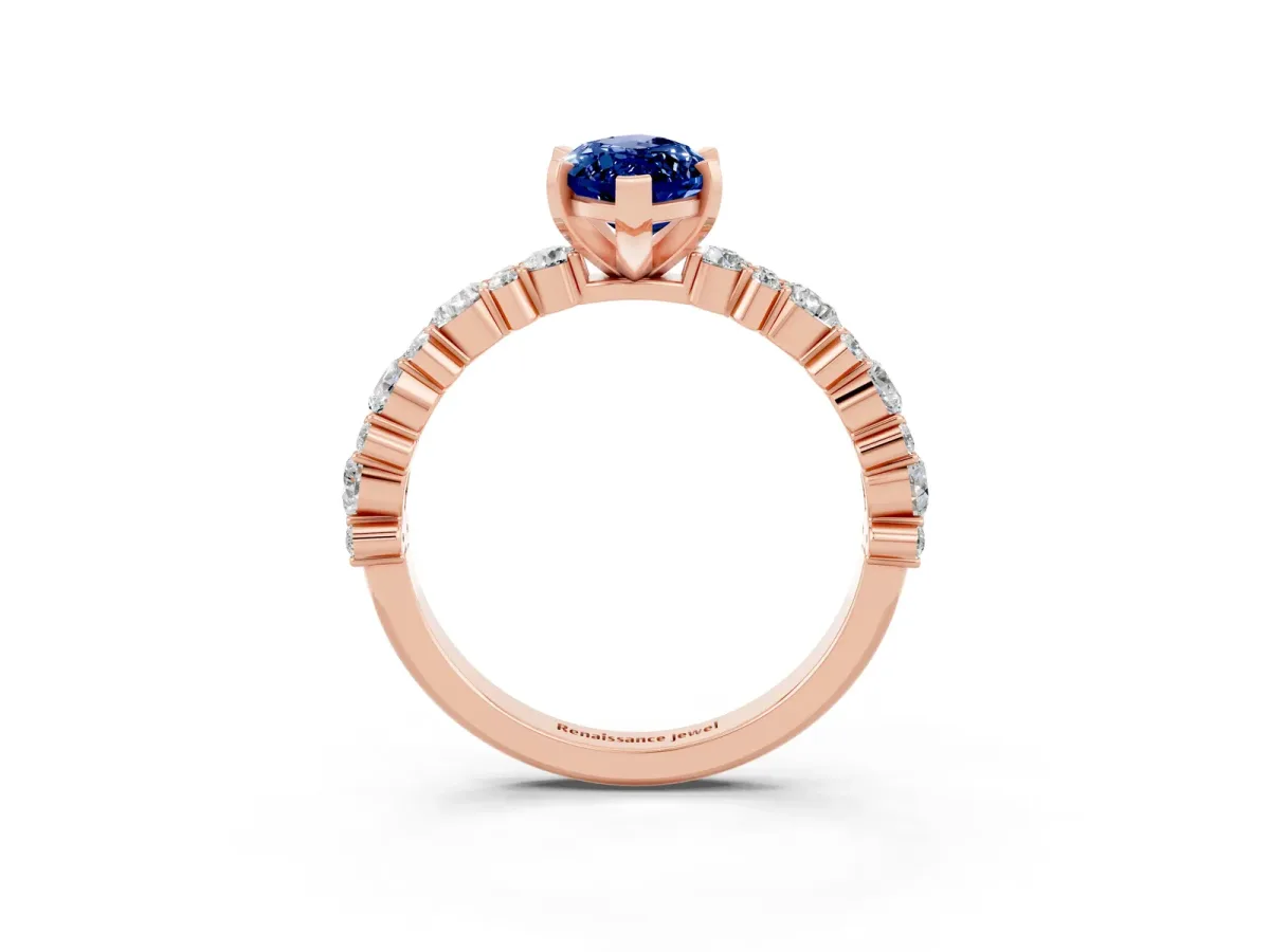 Marquise Cut Blue Sapphire Side Stone Solitaire Ring with Round and Four-Prong Setting Rose gold