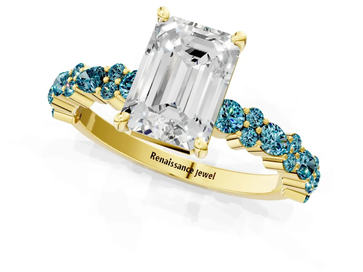 Emerald Cut Diamond Side Stone Solitaire Ring with Round Blue Topaz and Four-Prong Setting Yellow gold