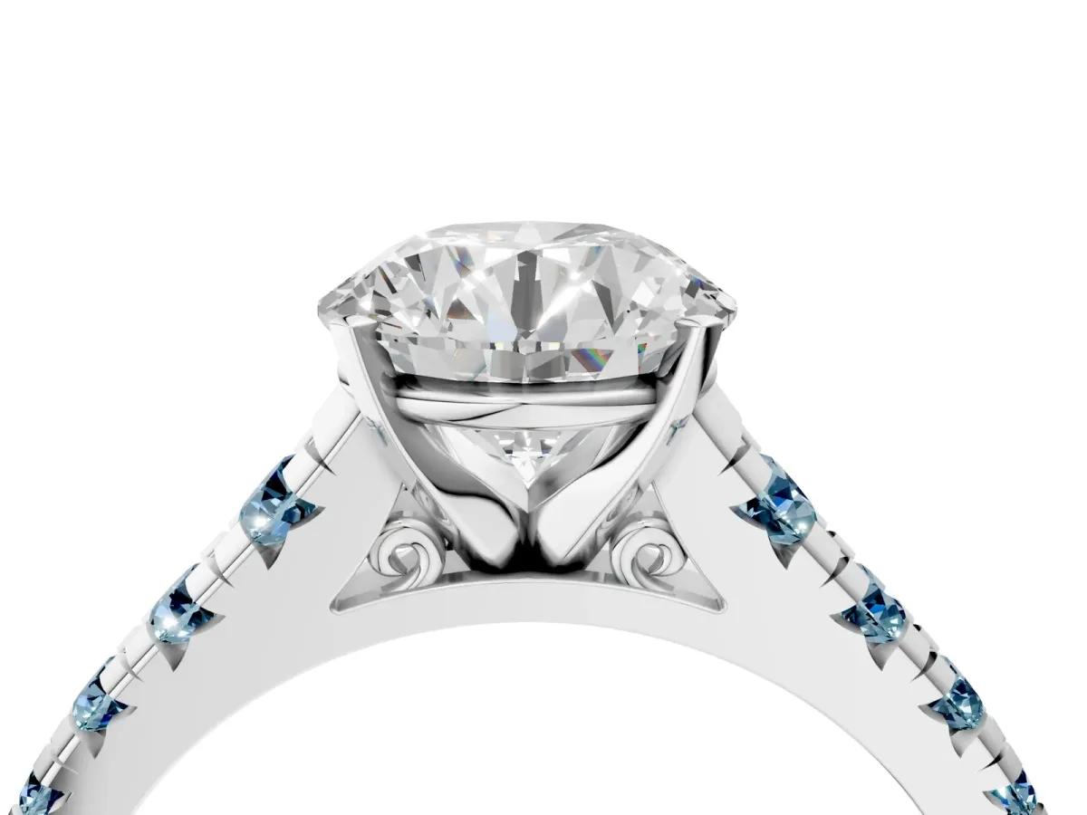 Round Cut Diamond Cathedral Solitaire Ring with Round Aquamarine Pavé Band Platinum
