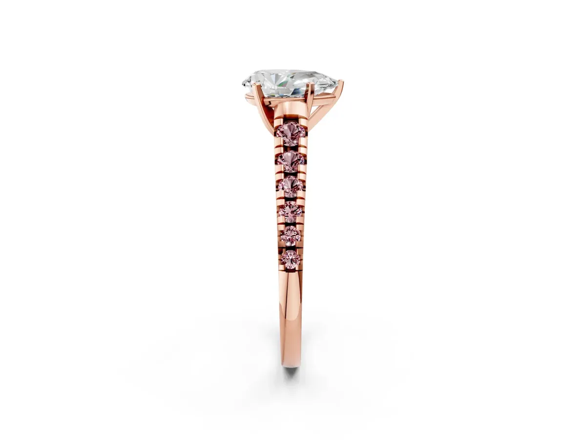 Pear Cut Diamond Cathedral Solitaire Ring with Round Morganite Pavé Band Rose gold
