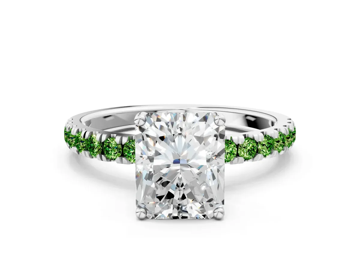 Radiant Cut Diamond Pave Band Solitaire Ring with Round Peridot and Prong Setting Silver