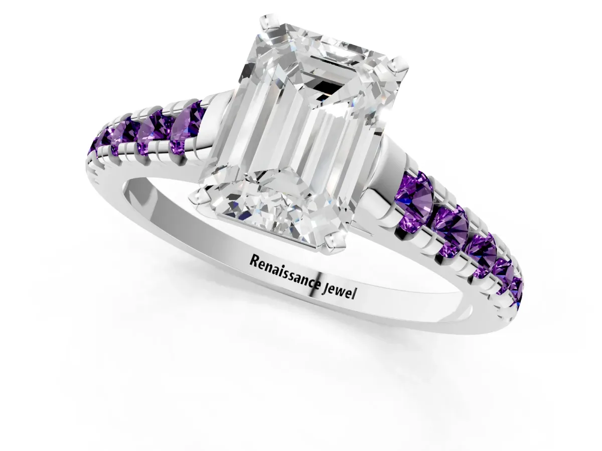 Emerald Cut Diamond Cathedral Solitaire Ring with Round Amethyst Pavé Band Silver