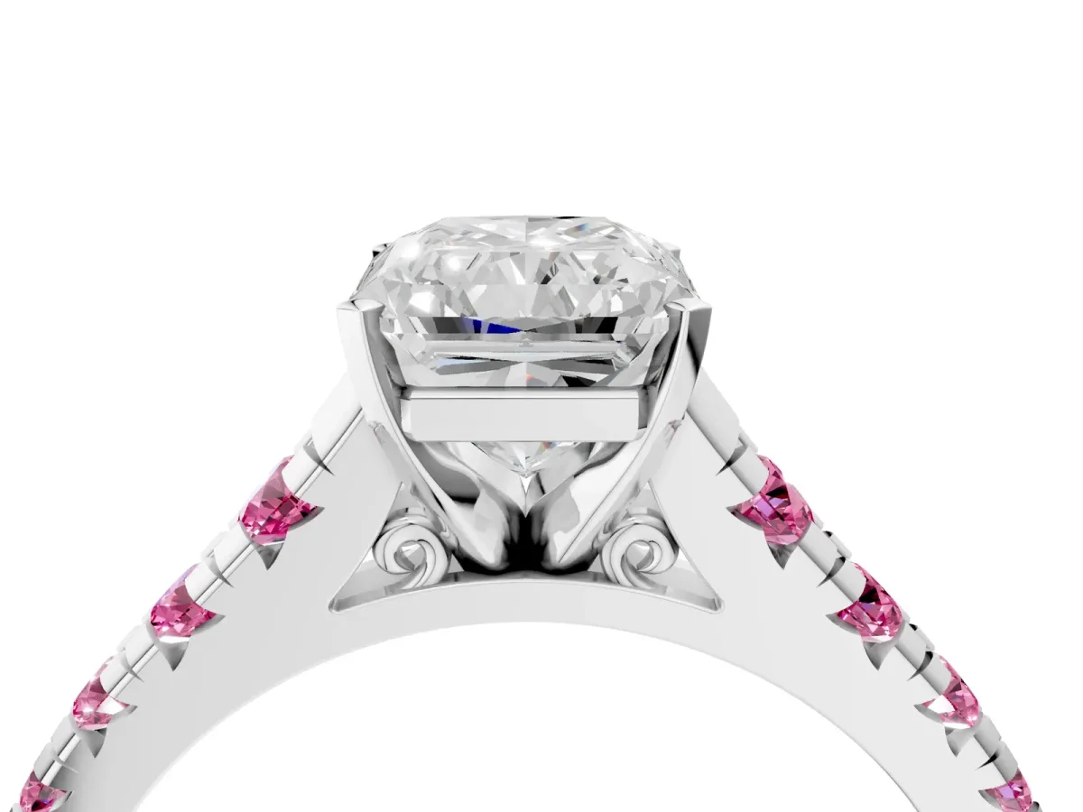 Radiant Cut Diamond Cathedral Solitaire Ring with Round Pink Sapphire Pavé Band Silver