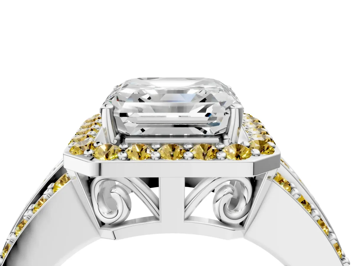 Asscher Cut Halo Diamond Ring with Round Yellow Sapphire Split Shank and Prong Setting Silver