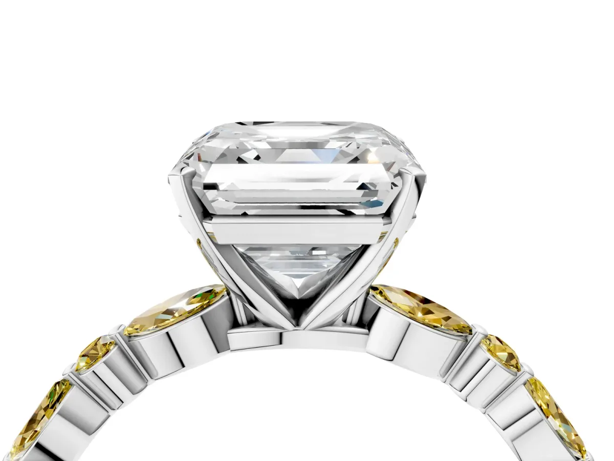 Asscher Cut Diamond Ring with Marquise and Round Yellow Sapphire Side Stones and Four-Prong Setting Silver
