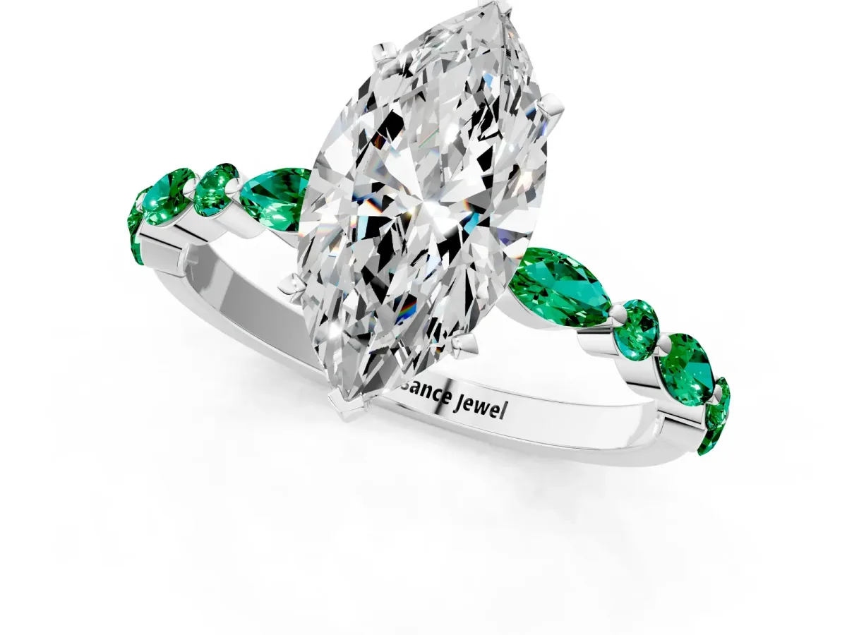 Marquise Cut Diamond Ring with Marquise and Round Emerald Side Stones and Four-Prong Setting Silver