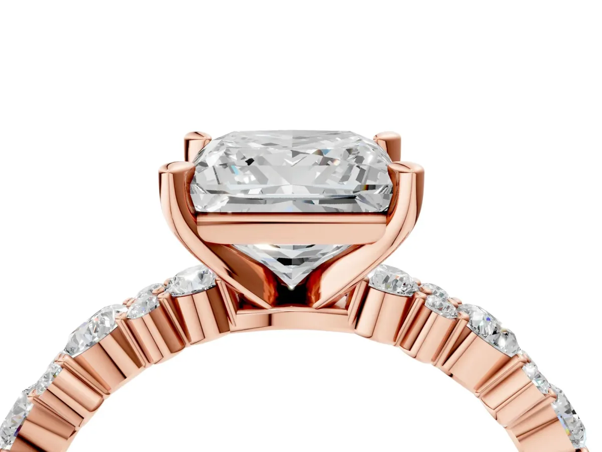 Princess Cut Diamond Side Stone Solitaire Ring with Round Moissanite and Four-Prong Setting Rose gold