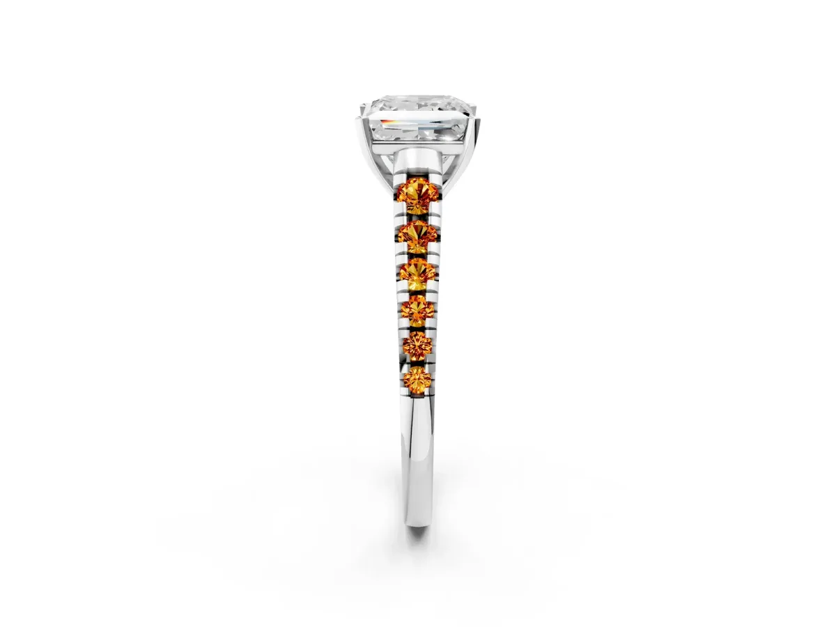 Princess Cut Diamond Cathedral Solitaire Ring with Round Citrine Pavé Band Silver