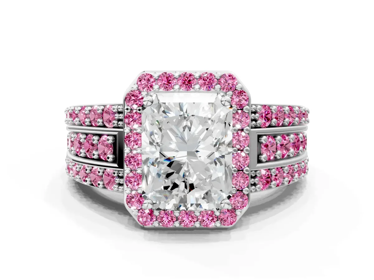 Radiant Cut Halo Diamond Ring with Round Pink Sapphire Split Shank and Prong Setting Silver