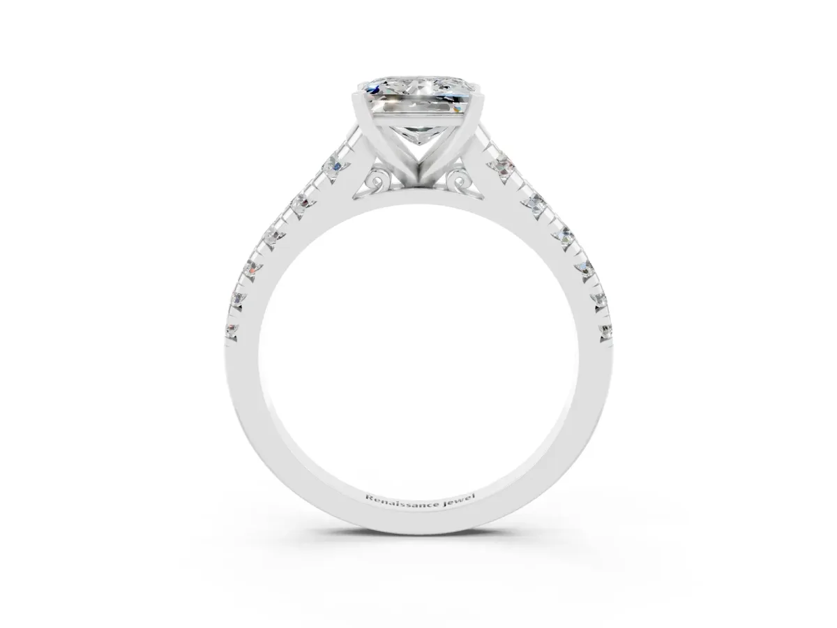 Princess Cut Moissanite Cathedral Solitaire Ring with Round Pavé Band Silver