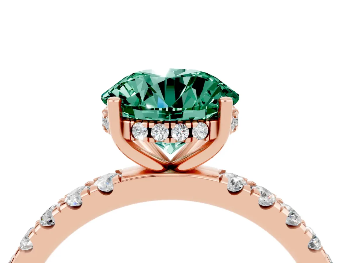 Round Cut Green Sapphire Pave Band Solitaire Ring with Round and Prong Setting Rose gold