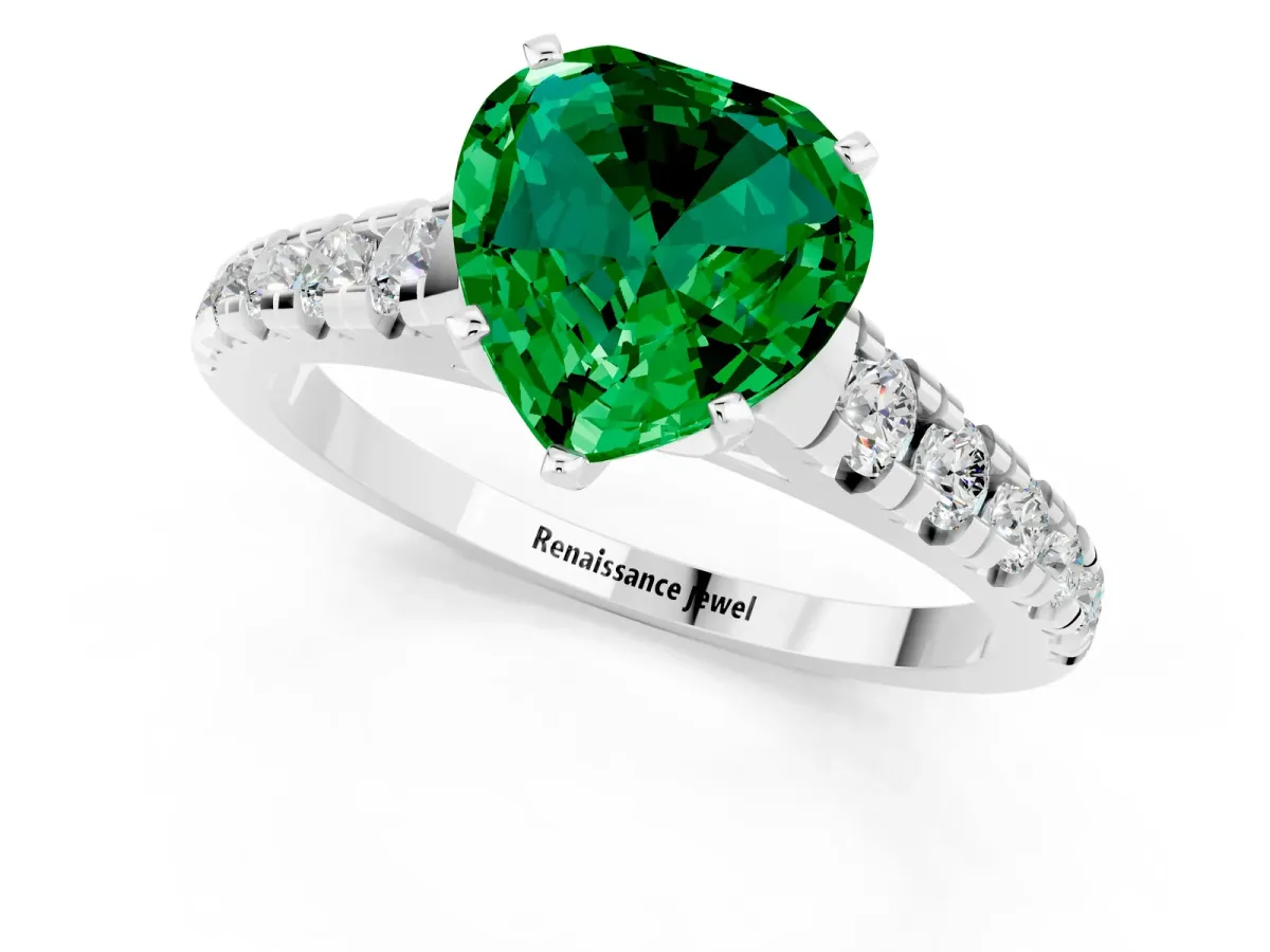 Heart Cut Emerald Cathedral Solitaire Ring with Round Pavé Band White gold
