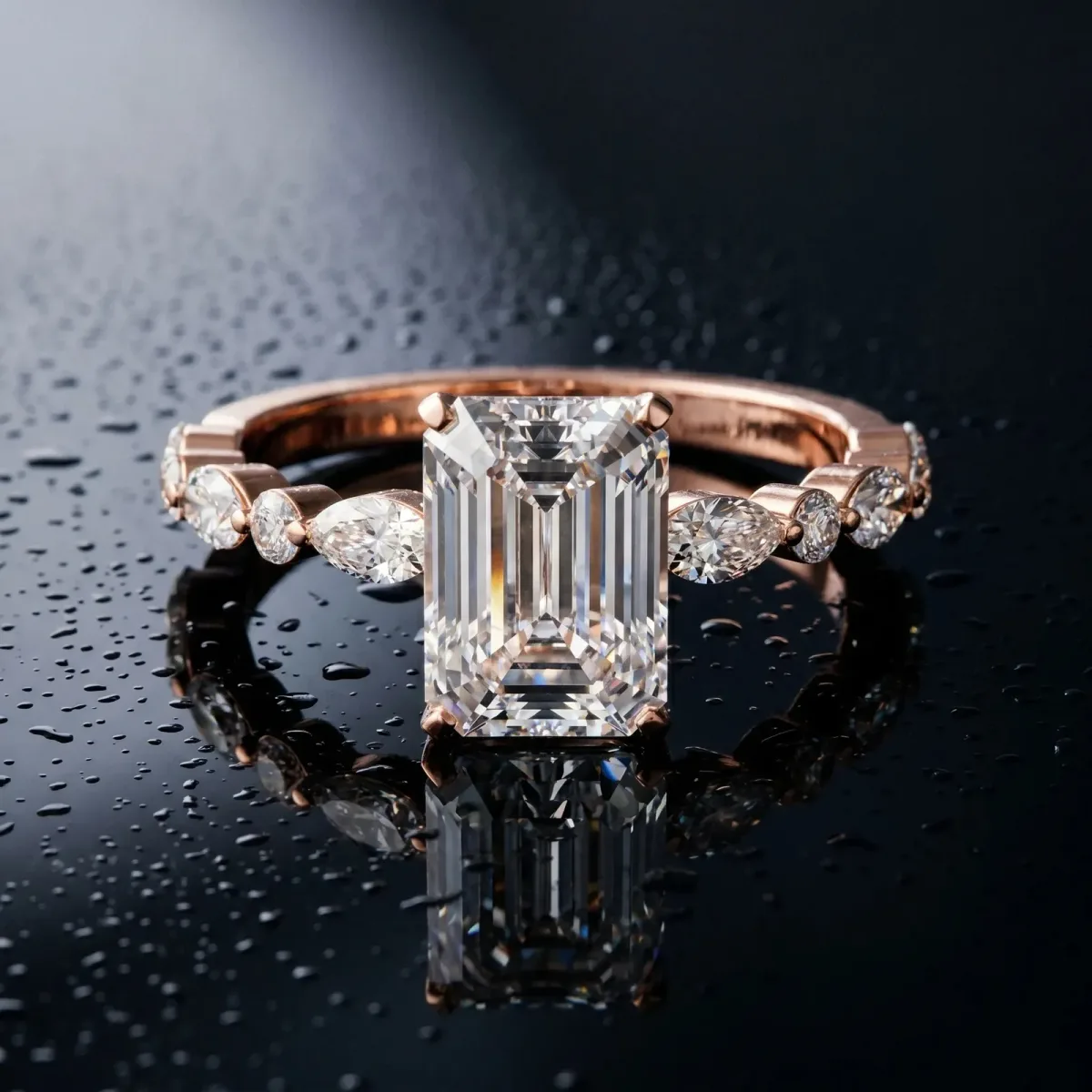 Emerald Cut Diamond Ring with Marquise and Round Side Stones and Four-Prong Setting Rose gold