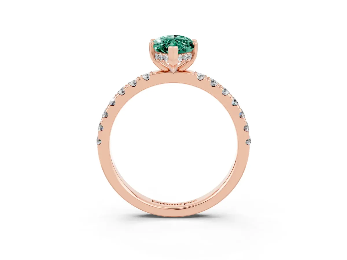 Marquise Cut Green Sapphire Pave Band Solitaire Ring with Round and Prong Setting Rose gold