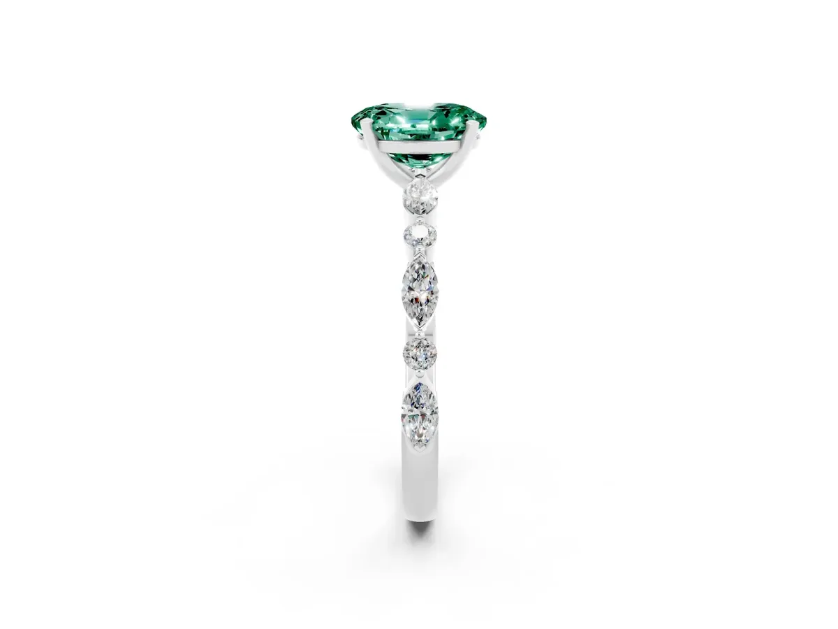 Oval Cut Green Sapphire Ring with Marquise and Round Side Stones and Four-Prong Setting Silver