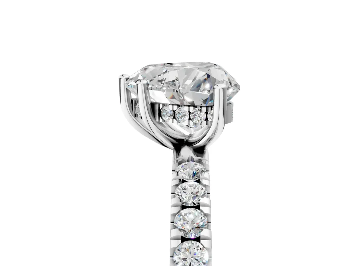 Heart Cut Diamond Pave Band Solitaire Ring with Round and Prong Setting White gold