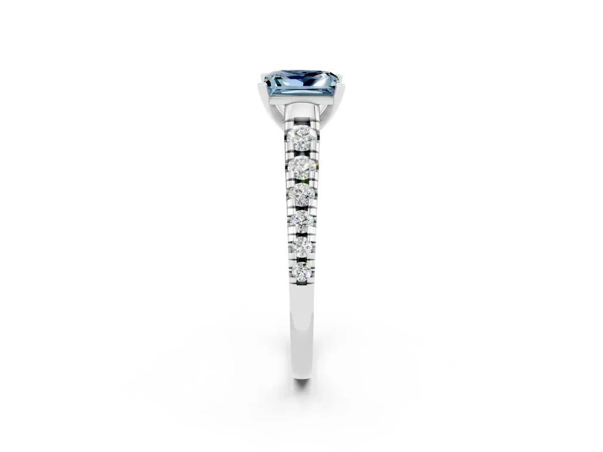 Princess Cut Aquamarine Cathedral Solitaire Ring with Round Pavé Band Silver