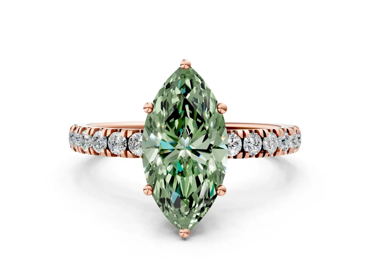 Fancy Green Marquise Cut Diamond Pave Band Solitaire Ring with Round and Prong Setting Rose gold