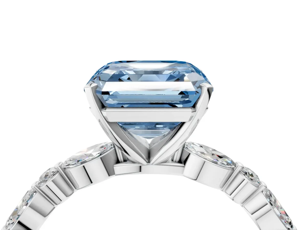 Fancy Blue Asscher Cut Diamond Ring with Marquise and Round Side Stones and Four-Prong Setting Silver