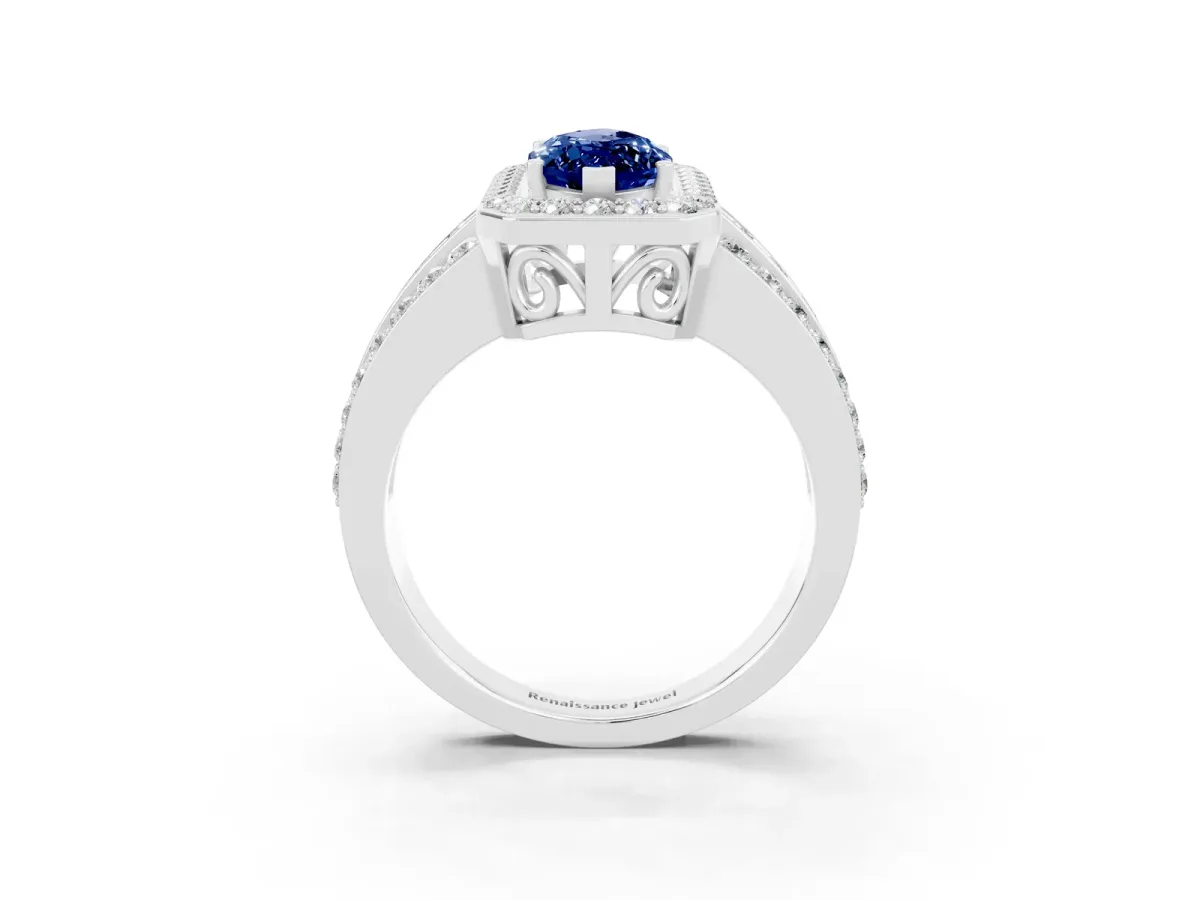 Marquise Cut Halo Blue Sapphire Ring with Round Split Shank and Prong Setting White gold