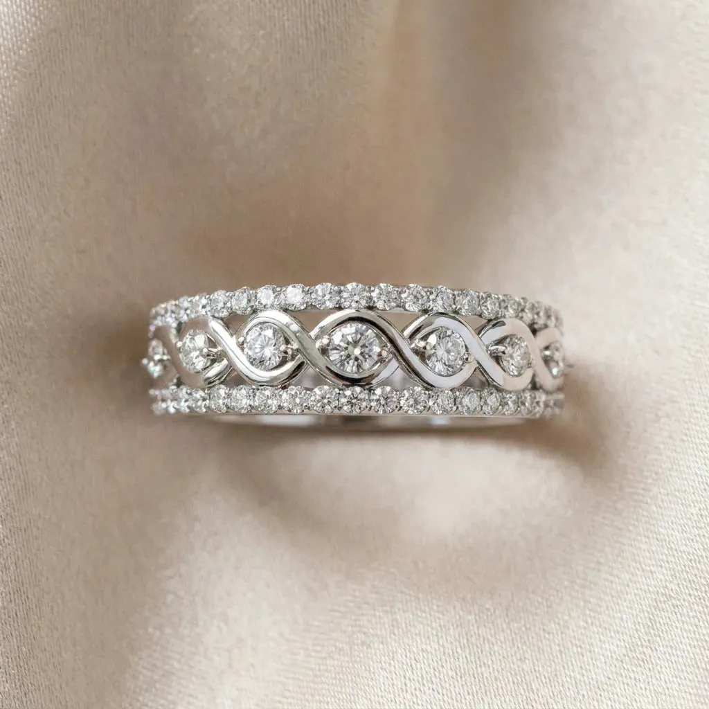 Round Brilliant Diamond Infinity Twist Pave Band with Prong Setting White gold