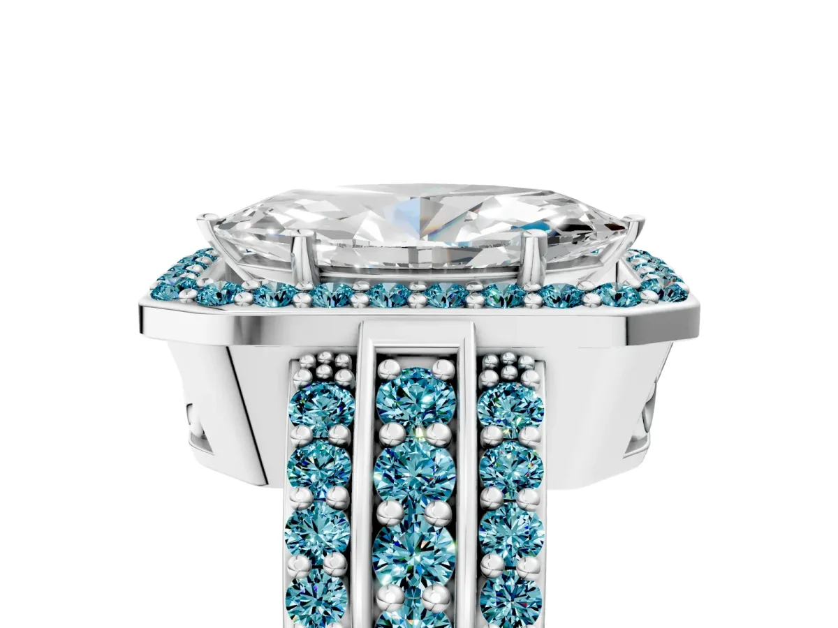Marquise Cut Halo Diamond Ring with Round Blue Topaz Split Shank and Prong Setting Silver