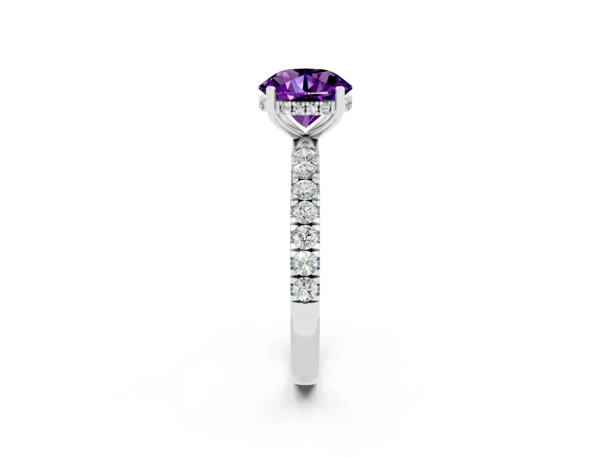 Round Cut Amethyst Pave Band Solitaire Ring with Round and Prong Setting Platinum