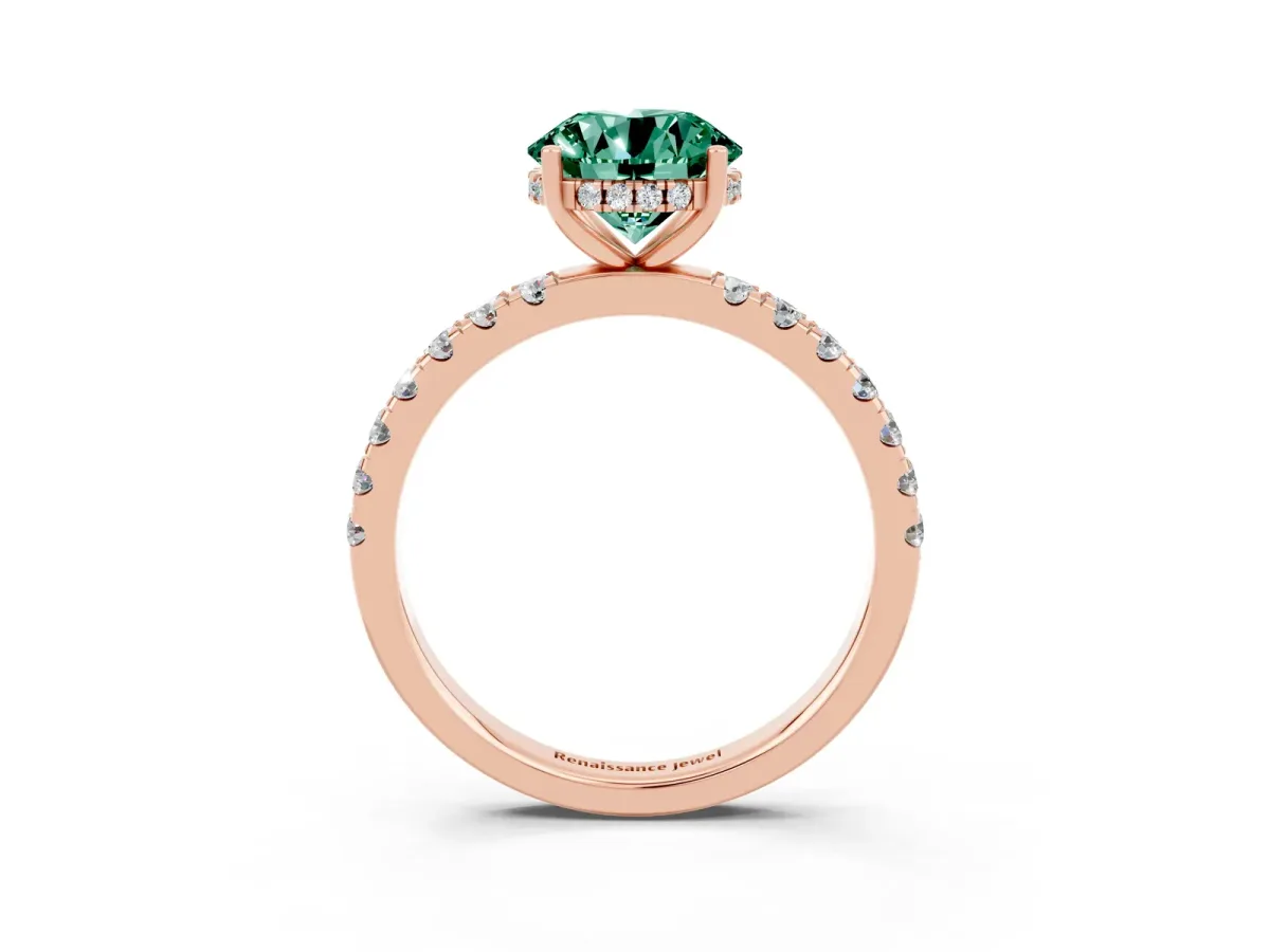 Round Cut Green Sapphire Pave Band Solitaire Ring with Round and Prong Setting Rose gold