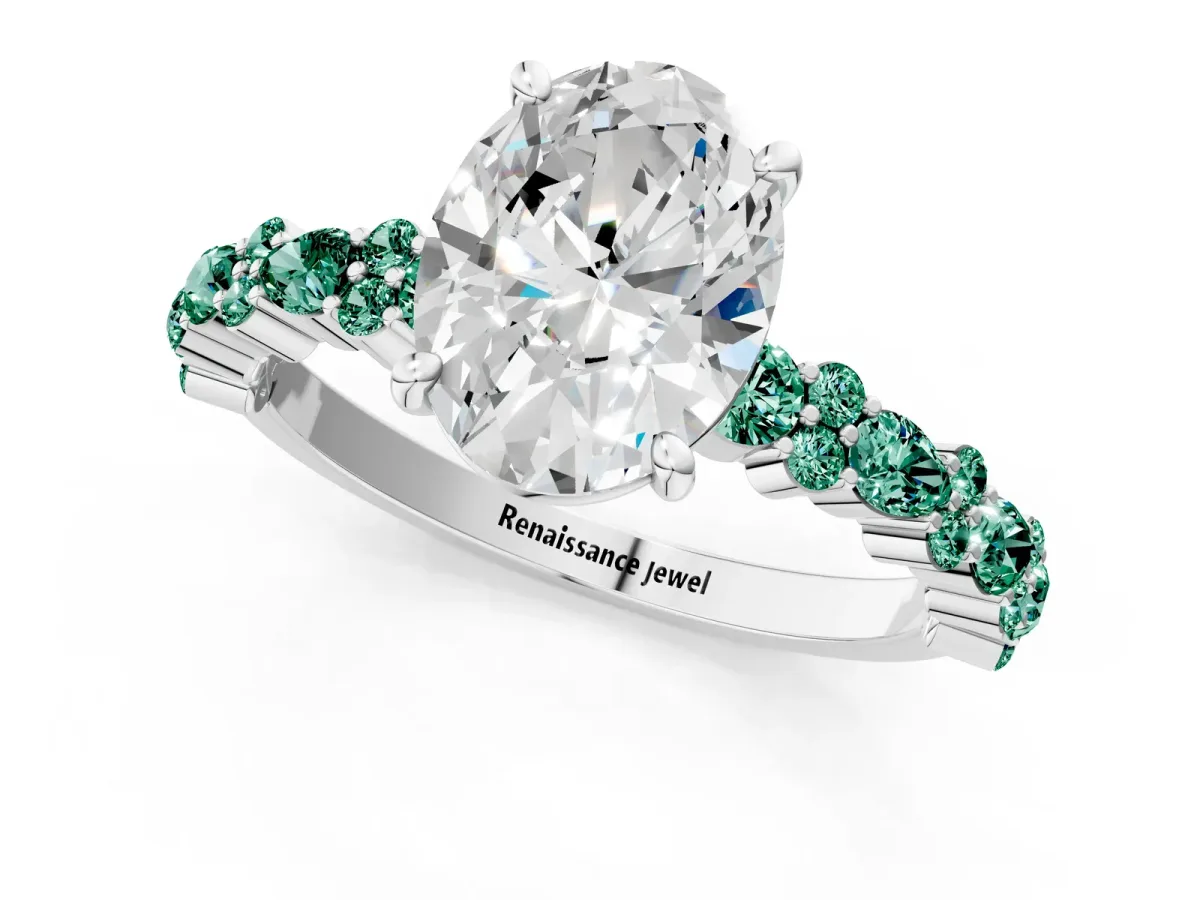 Oval Cut Diamond Side Stone Solitaire Ring with Round Green Sapphire and Four-Prong Setting White gold