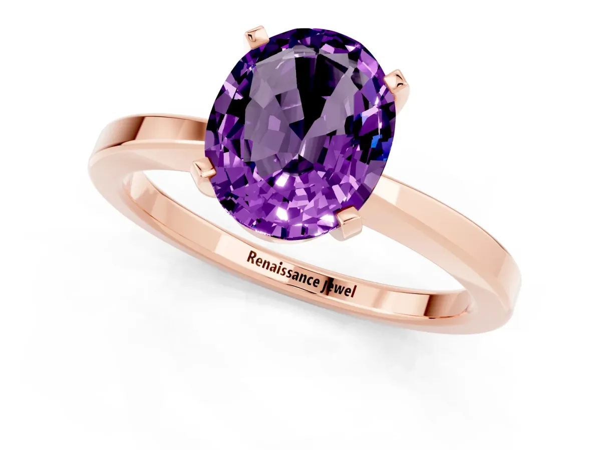 Oval Cut Amethyst Solitaire Engagement Ring with Classic Band and Four-Prong Setting Rose gold