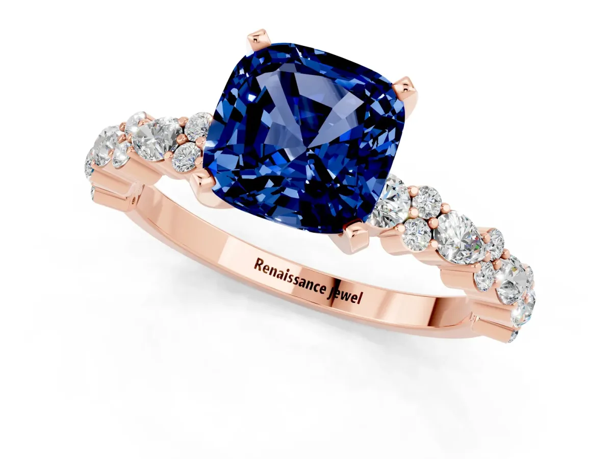 Cushion Cut Blue Sapphire Side Stone Solitaire Ring with Round and Four-Prong Setting Rose gold