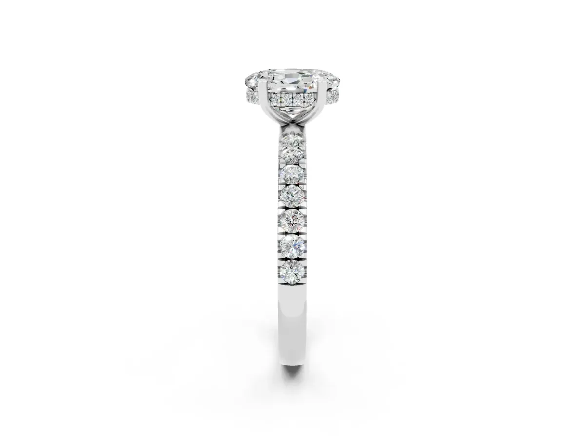 Oval Cut Moissanite Pave Band Solitaire Ring with Round and Prong Setting White gold