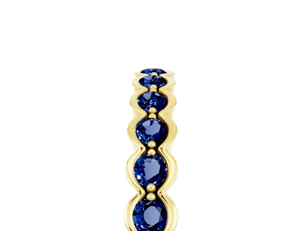 Round Blue Sapphire Bezel Set Eternity Band Yellow gold